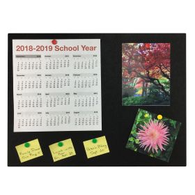 black bulletin board with calendar, picture, and written notes