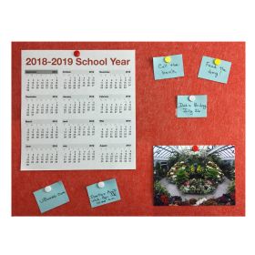 red bulletin board with calendar, picture, written notes