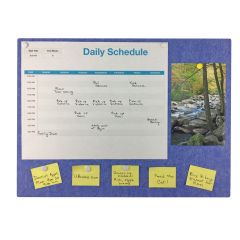 blue bulletin board with calendar, picture, and written notes