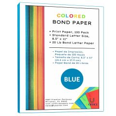 UOFFICE Colored Bond Paper Bundle 8.5" x 11", 20lbs, 100 Pages, Blue
